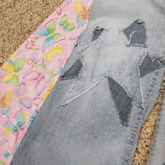 3796 Size 14 Upcycled Wonderly Bleach Dyed Butterfly and Stars Bell-Bottoms. - Picture 3 of 6